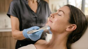 Localized sub-zero cryotherapy wand performing skin tightening treatment on jawline at Glow Clinics San Jose