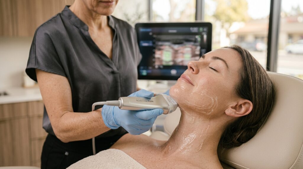 HIFU facial rejuvenation ultrasound transducer wand sculpting jawline at Glow Clinics San Jose