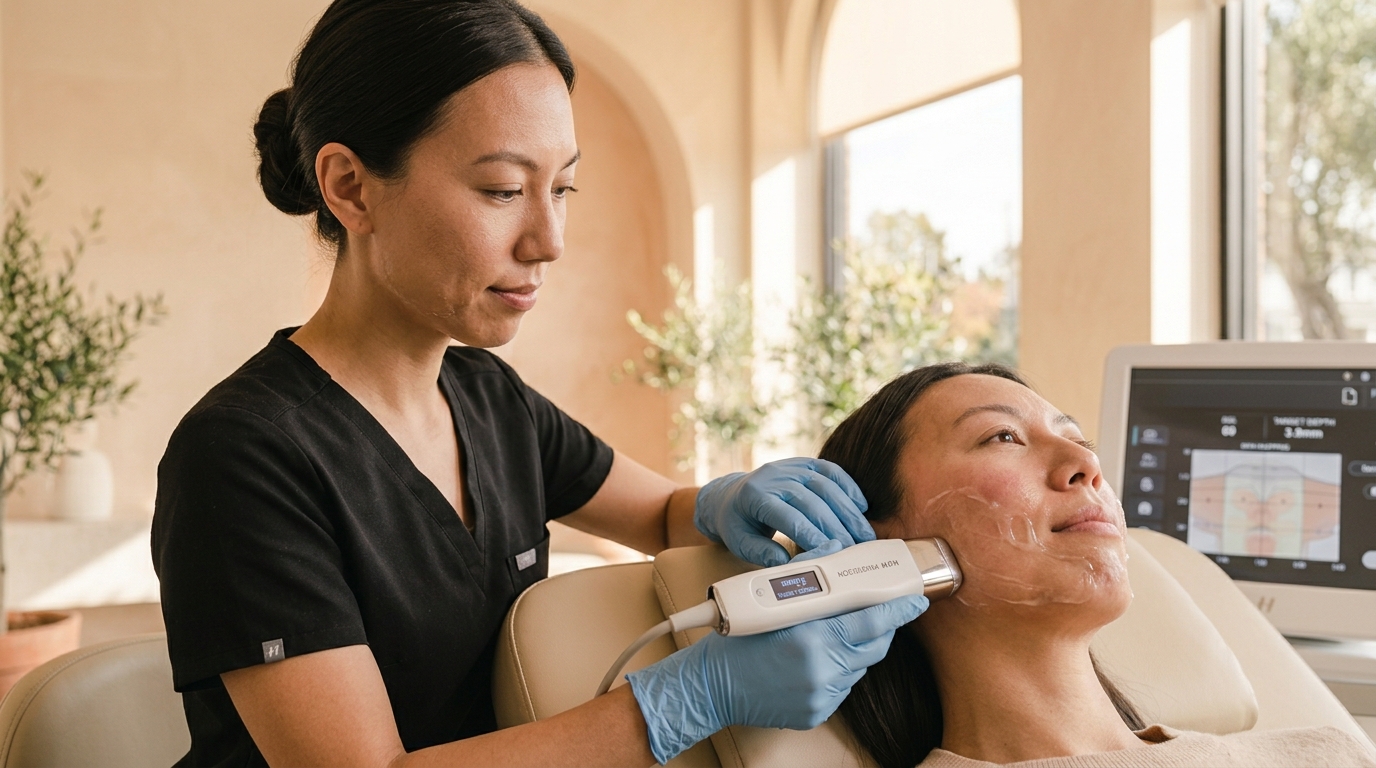 HIFU ultrasound transducer wand performing SMAS tissue contracting on jawline at Glow Clinics San Jose