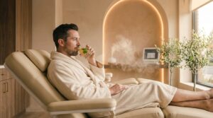 Client relaxing in recovery suite post cryotherapy session at Glow Clinics Willow Glen San Jose
